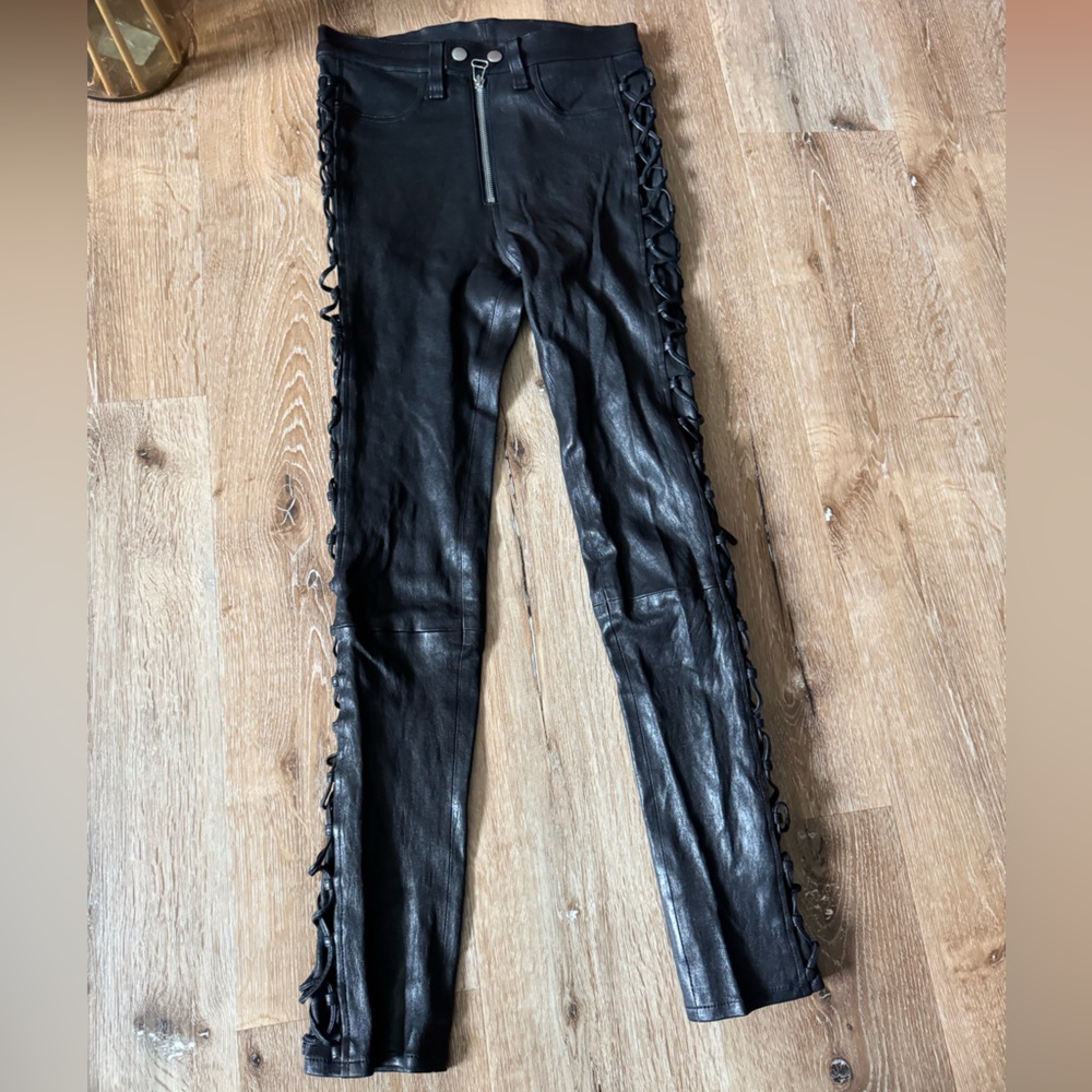 Rag & Bone Kiku high rise‎ Lamb Leather Black Lace-Up Skinny Pants size 25 - Picture 7 of 12